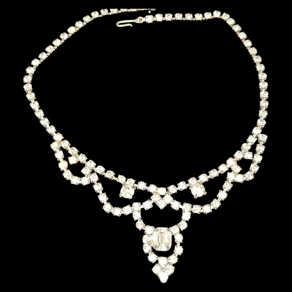 Vintage Rhinestone Necklace Clear Crystal Drop Festoon‎ Bridal Prom Statement